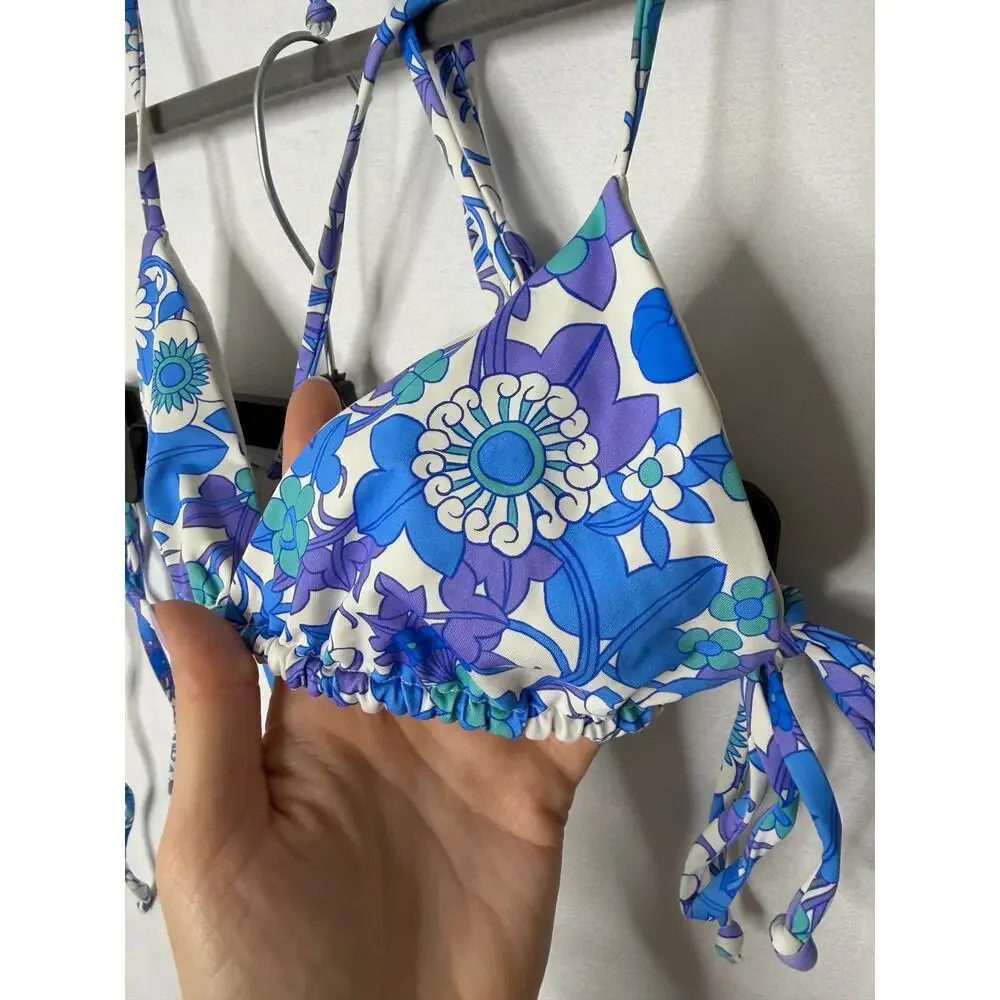 Frankie's Bikinis Morning Glory Floral Print Blue Triangle String Set Small